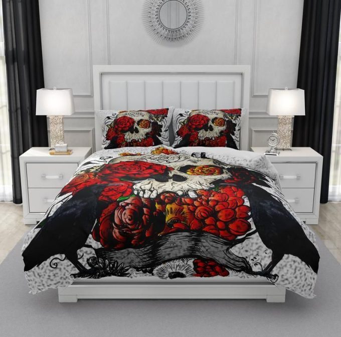 Skull And Flowers Cotton Bed Sheets Spread Comforter Duvet Cover Bedding Sets