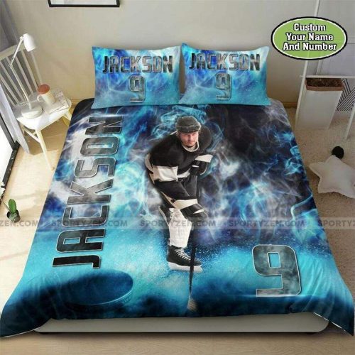Smoke Hockey Player Personalized Custom Name And Your Number Duvet Cover Bedding Set