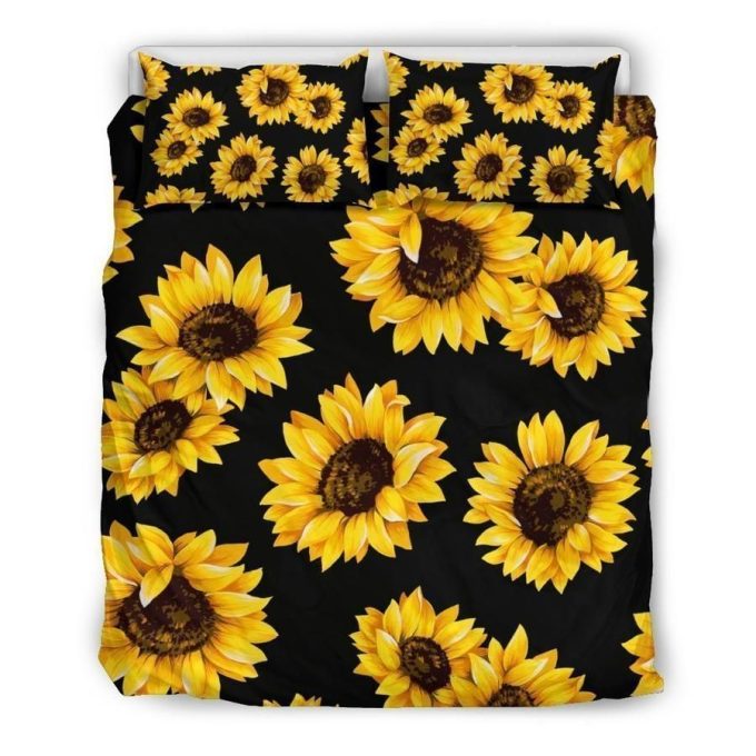 Sunflower Black Background Cotton Bed Sheets Spread Comforter Duvet Cover Bedding Sets Perfect Gifts For Sunflower Lover Thanksgiving