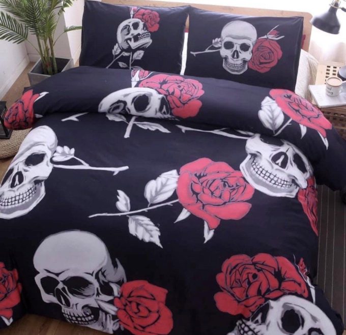 Skulls And Roses Cotton Bed Sheets Spread Comforter Duvet Cover Bedding Sets