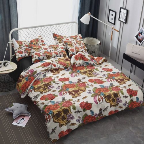 Skull Roses Cotton Bed Sheets Spread Comforter Duvet Cover Bedding Sets