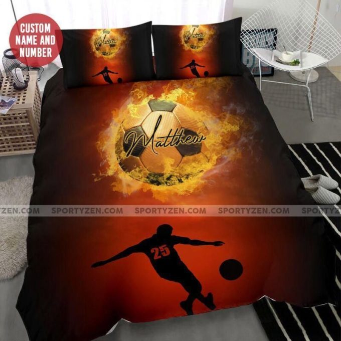 Soccer Fire Ball Custom Duvet Cover Bedding Set With Your Name And Number