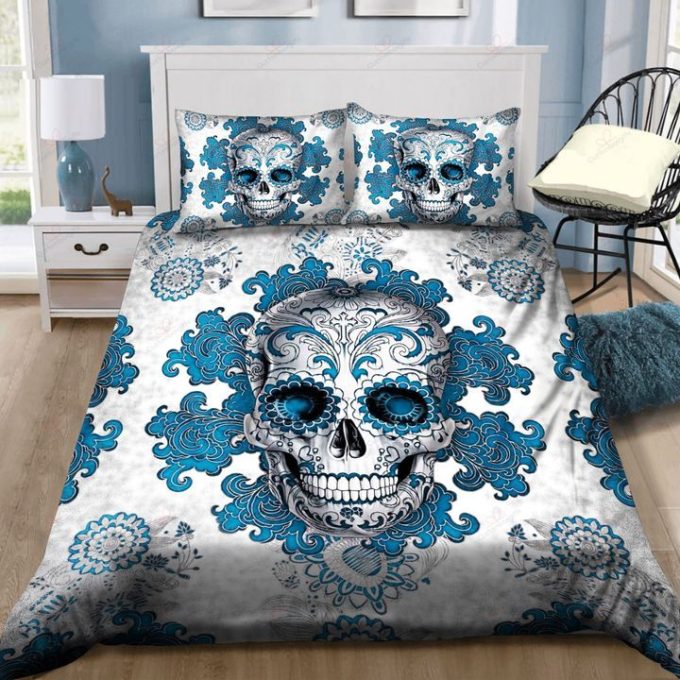 Sugar Skull Blue Ornament Cotton Bed Sheets Spread Comforter Duvet Cover Bedding Sets