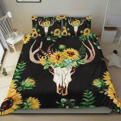 Sunflower And Deer Skull Black Pattern Cotton Bed Sheets Spread Comforter Duvet Cover Bedding Sets