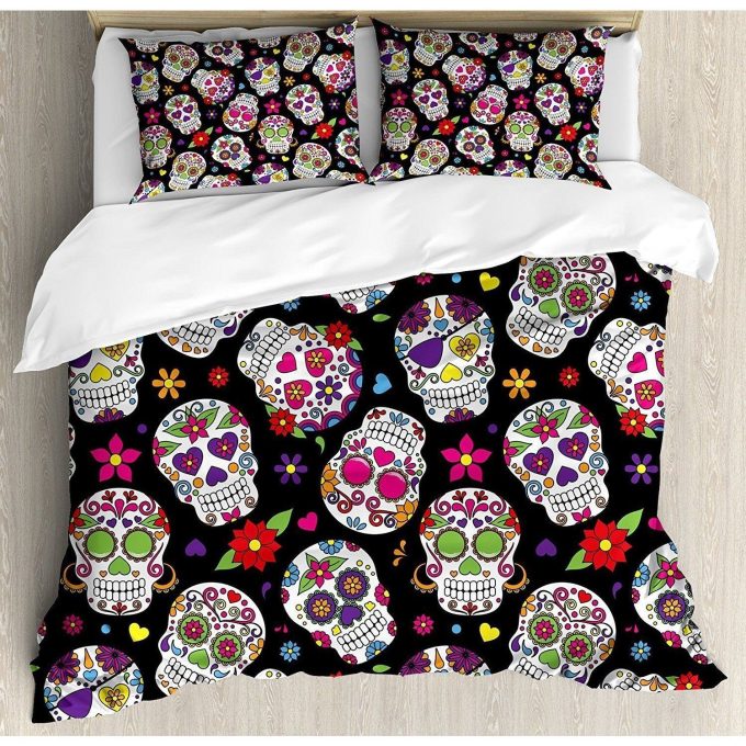 Sugar Skull Festive Graveyard Ritual Figures Cotton Bed Sheets Spread Comforter Duvet Cover Bedding Sets