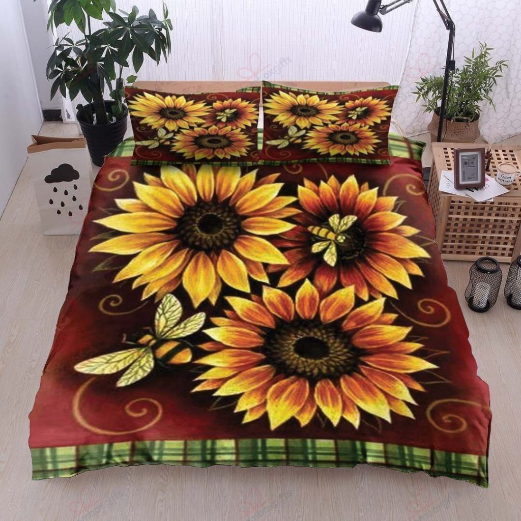 Sunflower And Bee Cotton Bed Sheets Spread Comforter Duvet Cover Bedding Sets Perfect Gifts For Sunflower Lover Thanksgiving