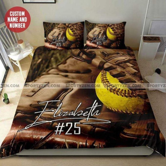 Softball Ball In Glove Personalized Custom Name And Number Duvet Cover Bedding Set
