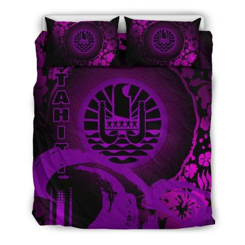 Tahiti Hibiscus And Wave Purple Cotton Bed Sheets Spread Comforter Duvet Cover Bedding Sets