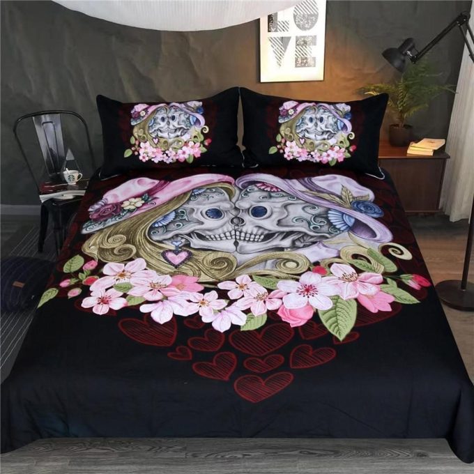 Skull Couple With Flowers Around Bedding Set Duvet Cover  Pillow Cases