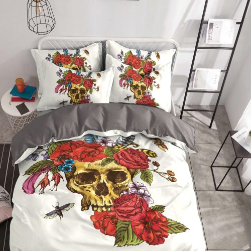 Skull And Roses Cotton Bed Sheets Spread Comforter Duvet Cover Bedding Sets