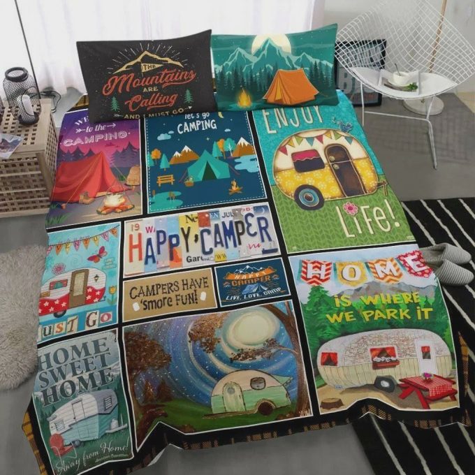 The Mountains Are Calling And I Must Go Happy Camper Cotton Bed Sheets Spread Comforter Duvet Cover Bedding Sets