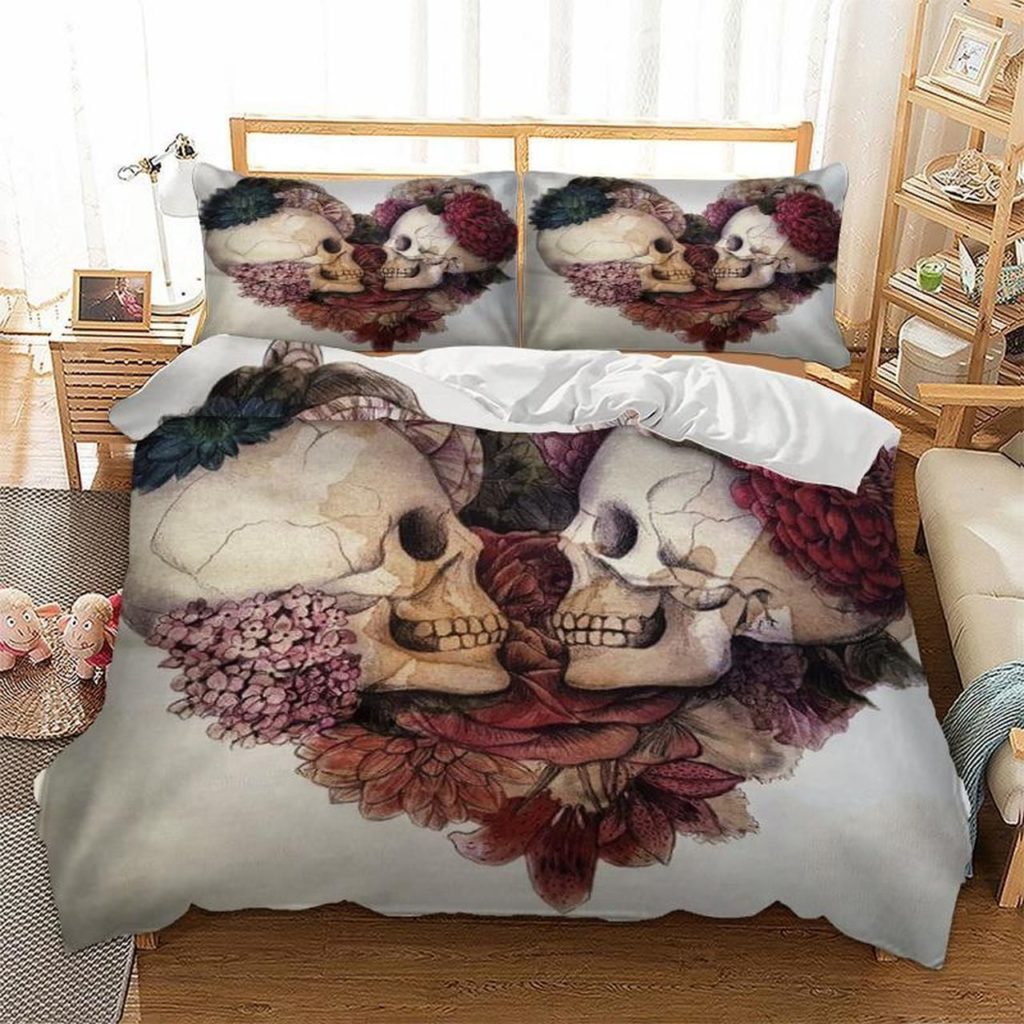 Skull Couple Floral Heart Bedding Set Duvet Cover Pillow Cases Skull Couple Floral Heart Bedding Set Duvet Cover Pillow Cases