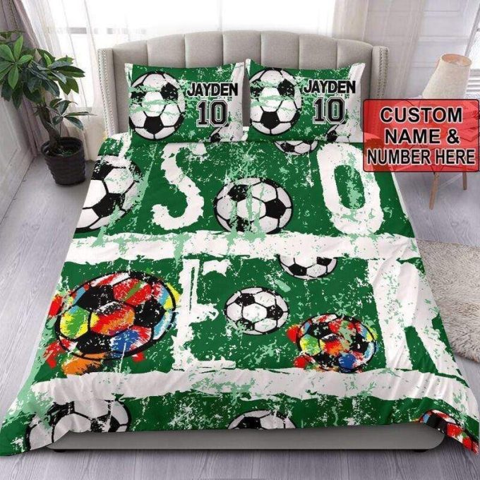 Soccer Green Custom Duvet Cover Bedding Set With Your Name