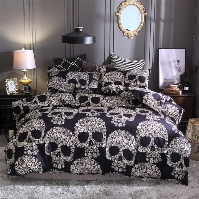 Sugar Skull Flower Pattern Cotton Bed Sheets Spread Comforter Duvet Cover Bedding Sets Perfect Gifts For Skull Lover Thanksgiving