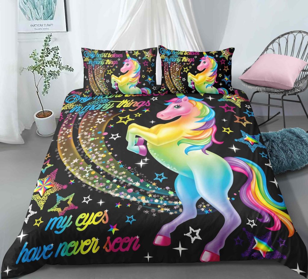 Unicorn My Heart Believes Black Cotton Bed Sheets Spread Comforter Duvet Cover Bedding Sets