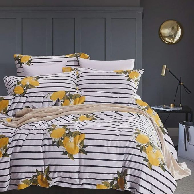 Striped Yellow Lemons Pattern Bedding Set Duvet Cover  Pillow Cases