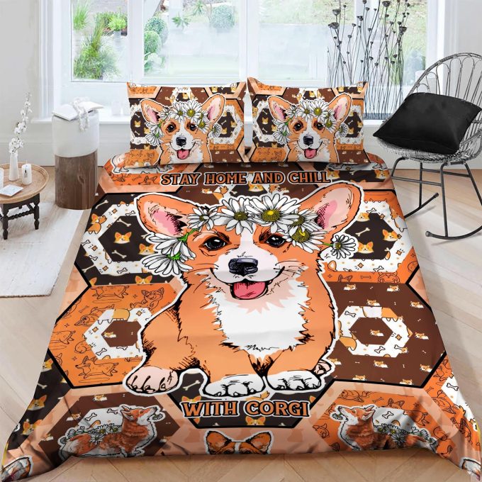 Stay Home And Chill With Corgi Cotton Bed Sheets Spread Comforter Duvet Cover Bedding Sets