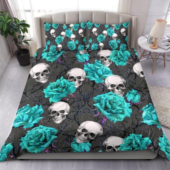 Turquoise Rose Skull Cotton Bed Sheets Spread Comforter Duvet Cover Bedding Sets Perfect Gifts For Sea Turtle Lover Thanksgiving