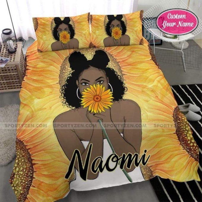 Sunflower With Black Woman Personalized Custom Name Duvet Cover Bedding Set