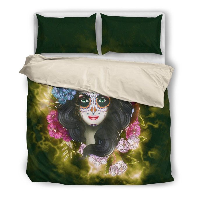 Skull Calavera Girl Beige Themed Cotton Bed Sheets Spread Comforter Duvet Cover Bedding Sets