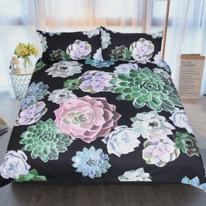 Succulent Theme Black Pattern Cotton Bed Sheets Spread Comforter Duvet Cover Bedding Sets
