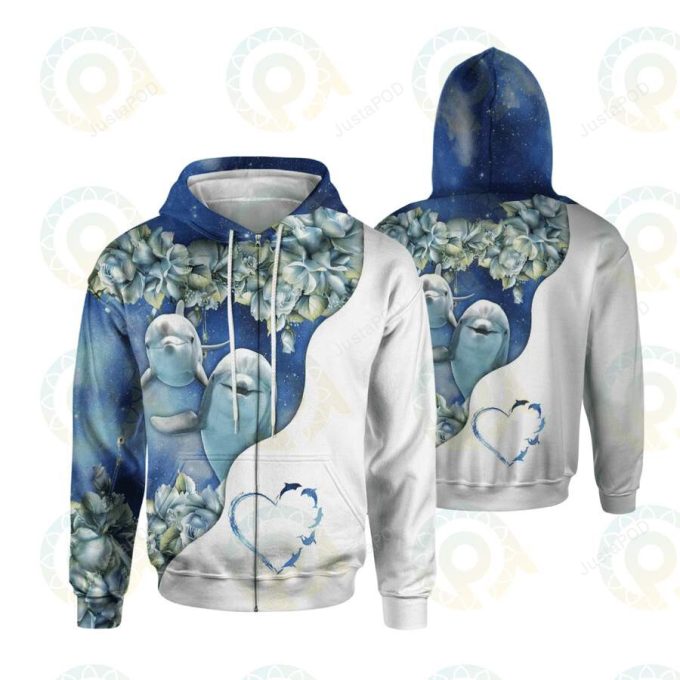 Dolphin Love Heart 3D All Print Hoodie, Zip- Up Hoodie