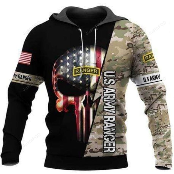 US Army Ranger Flag Skull 3D All Print Hoodie, Zip- Up Hoodie