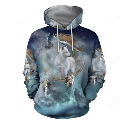 White Wolf Dreamcatcher Light Blue 3D All Over Printed Hoodie, Zip- Up Hoodie