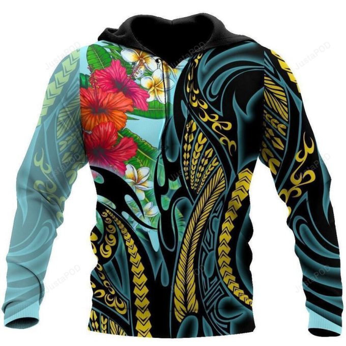 Polynesian Turquoise And Hisbiscus 3D All Over Printed Hoodie, Zip- Up Hoodie