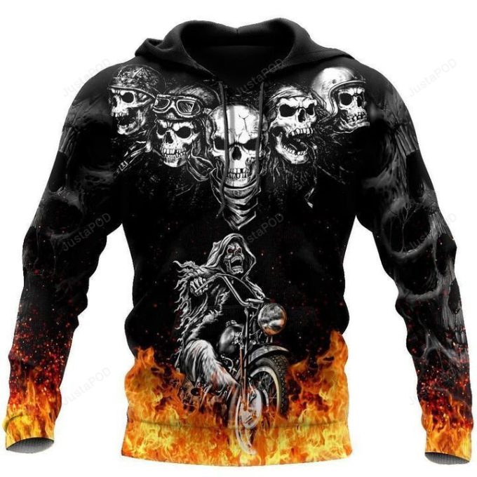 Biker Skulls On The Fire 3D All Over Print Hoodie, Zip-up Hoodie