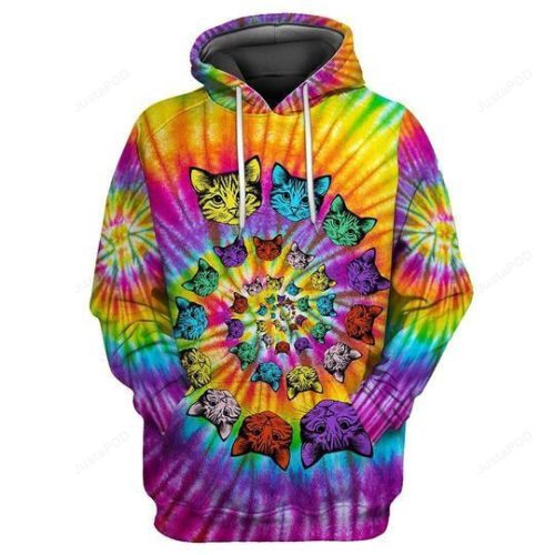 Tie Dye Hippie Cat Cute 3D All Over Printed Hoodie, Zip- Up Hoodie