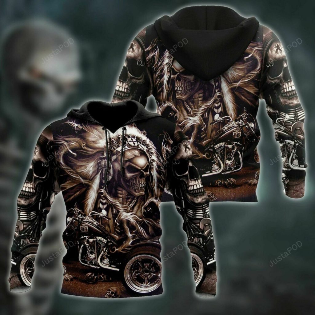 Native Skull Motorcycle 3D All Over Printed Hoodie, Zip- Up Hoodie