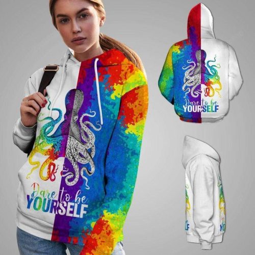 Dare To Be Yourself Rainbow Octopus LGBT 3D All Print Hoodie, Zip- Up Hoodie
