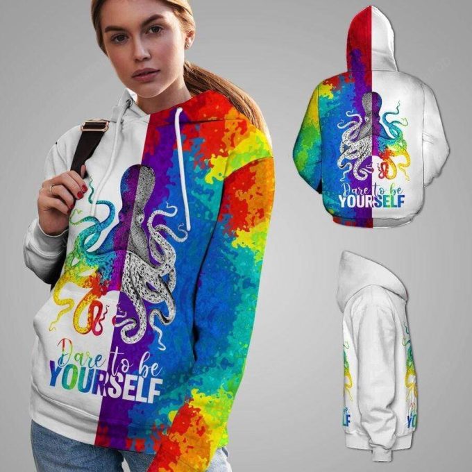 Dare To Be Yourself Rainbow Octopus LGBT 3D All Print Hoodie, Zip- Up Hoodie