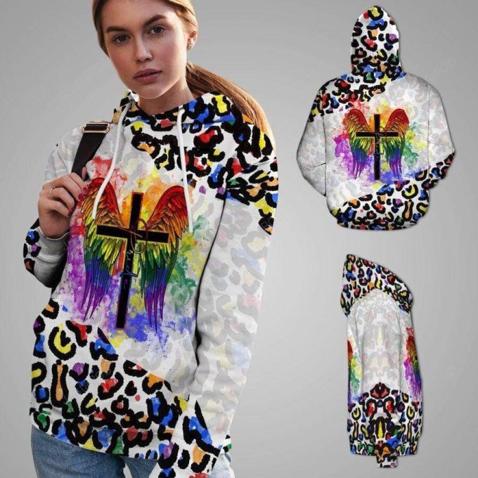 Colorful Leopard With The Cross And Wings LGBT 3D All Print Hoodie, Zip- Up Hoodie