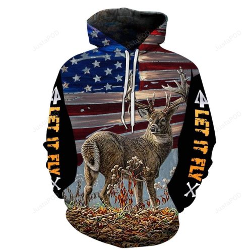 Let It Fly Deer Hunting American Flag 3D All Print Hoodie, Zip- Up Hoodie