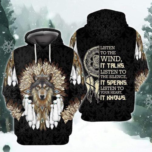 Native Wolf Listen To The Wind It Talks 3D All Print Hoodie, Zip- Up Hoodie