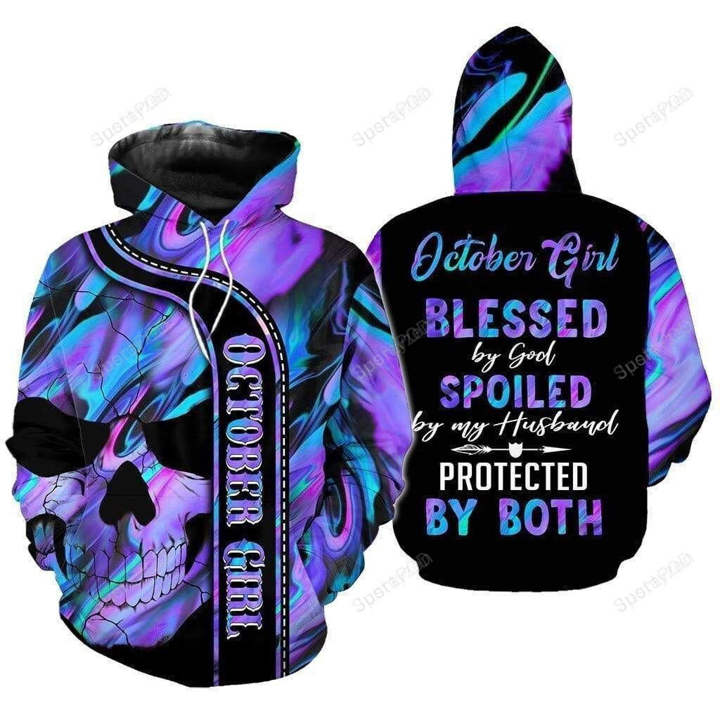 Hippie Skull October Girl Blessed By God 3D All Print Hoodie, Zip- Up Hoodie