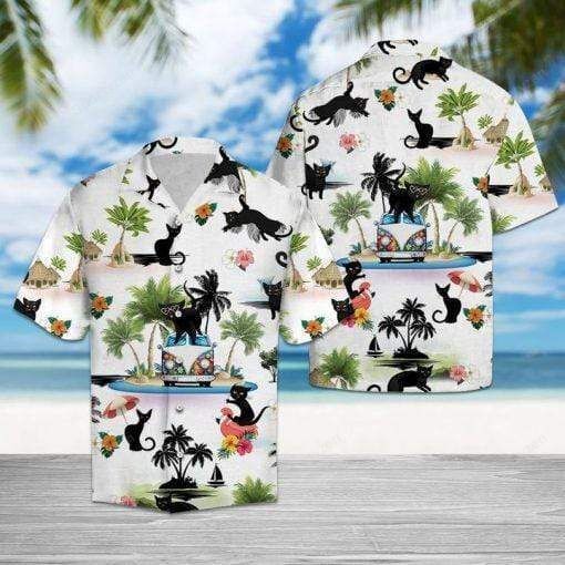 Black Cat Tropical Palm Hawaiian Aloha Shirts #HL Black Cat Tropical Palm Hawaiian Aloha Shirts #HL