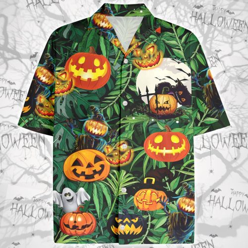 Amazing Pumpkin Halloween Green Leaf Tropical Hawaiian Aloha Shirts