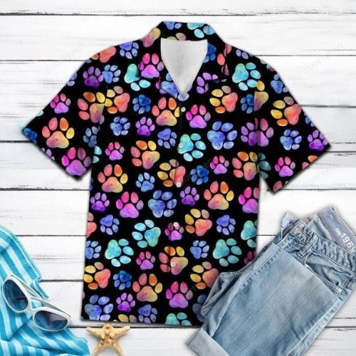 Colorful Dog Paws Pattern Hawaiian Aloha Shirts #DH