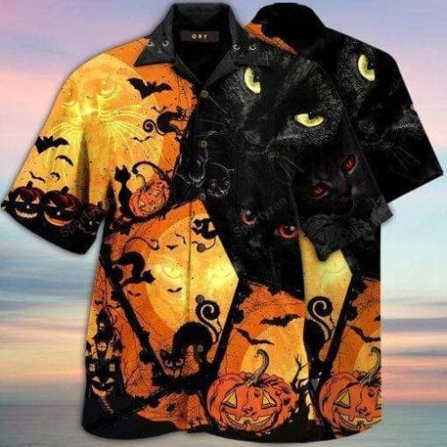 Halloween Black Cat Full Printing Hawaiian Aloha Shirts #V