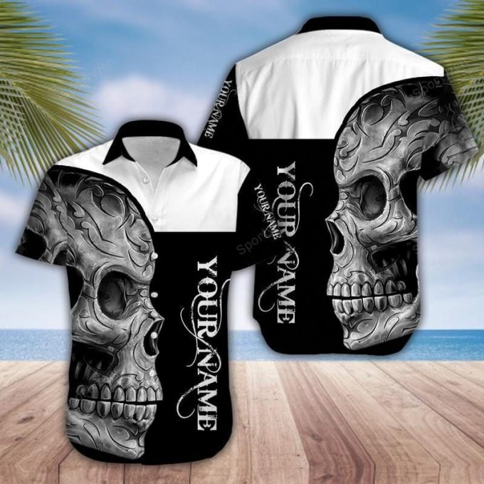 Custom Name Black and White Skull Unisex Hawaiian Aloha Shirts #160321H