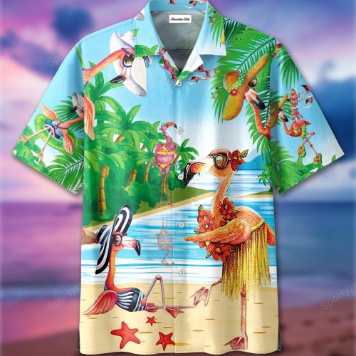 Funny Flamingoes On Beach Tropical Unisex Hawaiian Aloha Shirts
