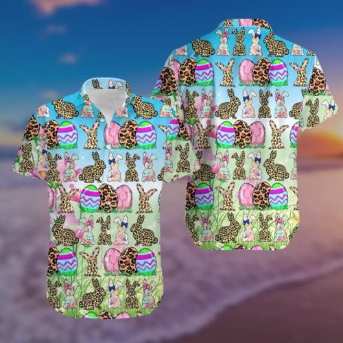Bunny Leopard & Eggs Blue Happy Easter DayHawaiian Shirt Ver 104
