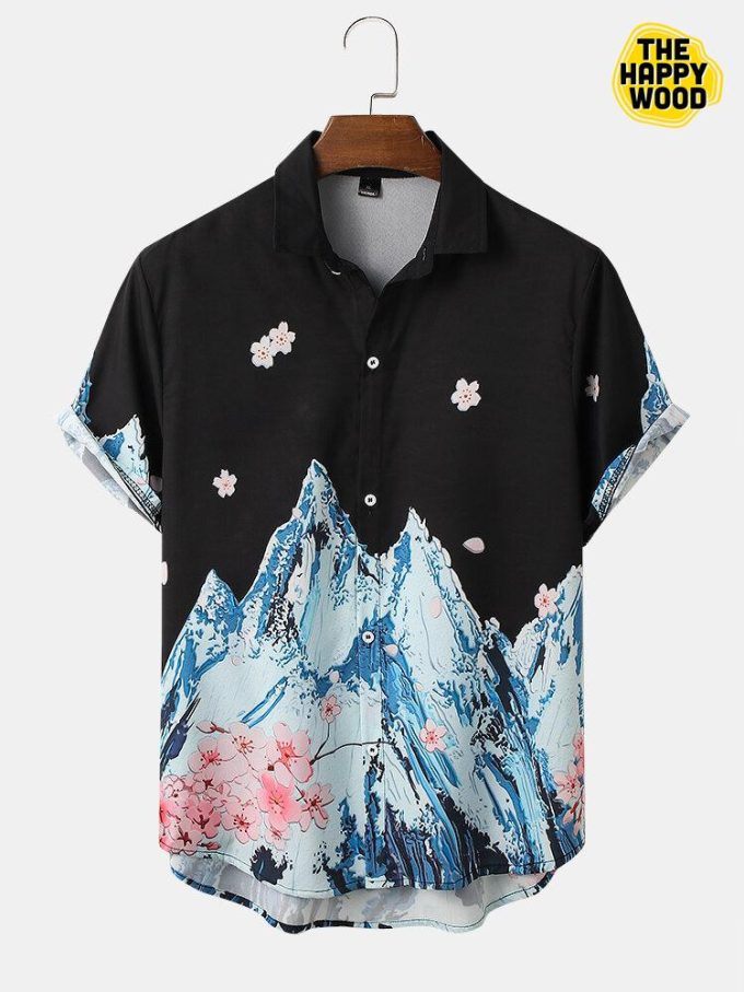 Cherry Blossoms Mountain Scenery Print Hawaiian Shirt Ver 246