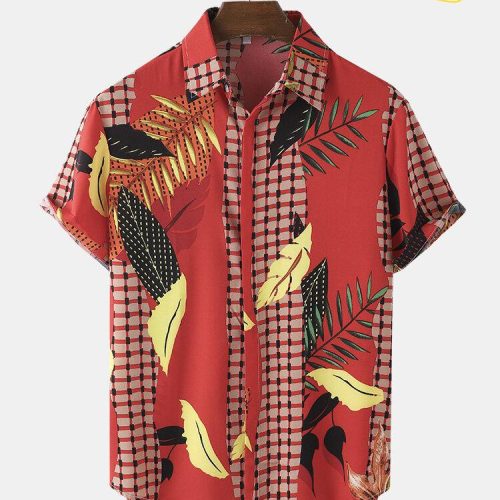Leaf & Plaid Print Hawaiian Shirt Ver 490