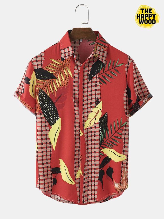 Leaf & Plaid Print Hawaiian Shirt Ver 490
