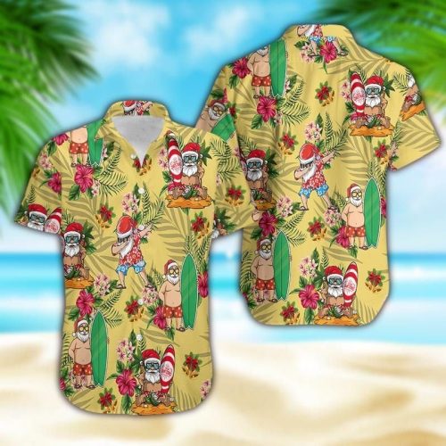 Funny Santa Claus Surfing Yellow Hawaiian Shirt Ver 302