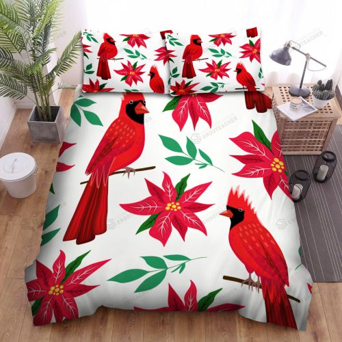 The Wildlife – The Red Cardinal And Red Flowers Bed Sheets Spread Duvet Cover Bedding Sets